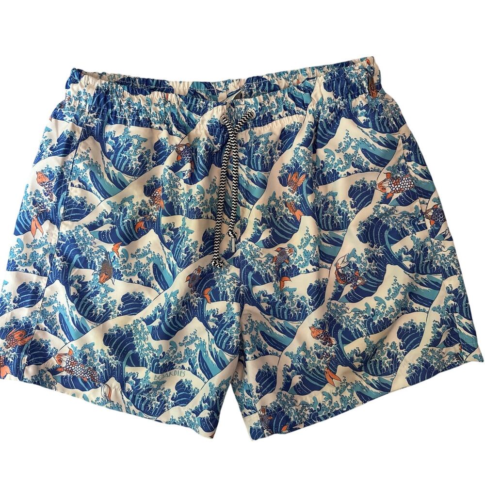 Boardies Swim Trunks Men Medium Blue Great Wave Koi Fish Print Streetwear